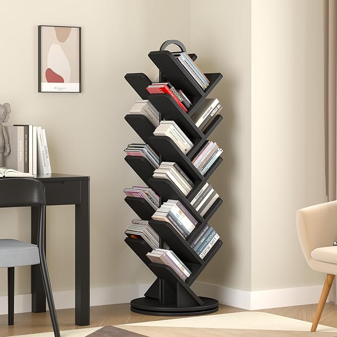 TVU 20-Tier Tree Rotating Bookshelf, 360 Degree Spinning Standing Bookcase for Magazines DVDs Books, Corner Bookcase for Living Room Bedroom Study, Black
