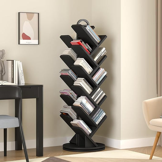 TVU 20-Tier Tree Rotating Bookshelf, 360 Degree Spinning Standing Bookcase for Magazines DVDs Books, Corner Bookcase for Living Room Bedroom Study, Black