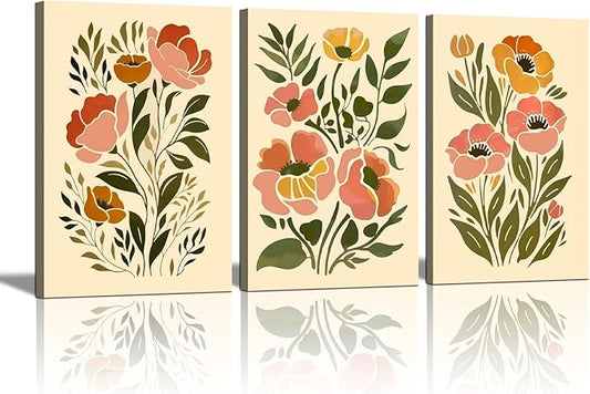 SFXYRTAH 3Pcs Boho Floral Canvas Wall Art Abstract Botanical Flower Prints Minimalist Plant Artwork for Living Room Bedroom Office Home Decor (16x24in canvas)