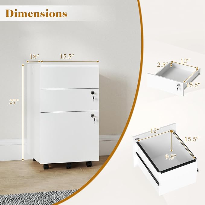 LOKO Mobile File Cabinet with 3 Drawers, Wooden Rolling Filing Cabinet with Lock, Under Desk File Organizer for A4/Letter/Legal Size, for Home Office, Study (White)