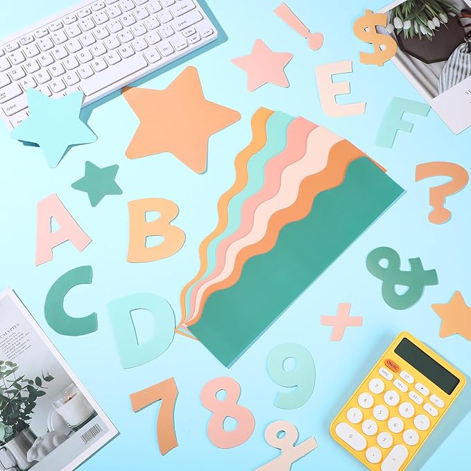 Containlol 188 Pcs Bulletin Board Borders Letters Stars Cutouts Set Include 59ft Poster Board Trims, Alphabet Letter Star Number Punctuation for Classroom(Modern Boho Color)