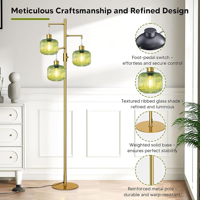 Floor Lamp for Living Room, Dimmable Standing Lamp with Green Glass Shade, Modern Gold Tall Lamps for Bedroom, 3×600LM LED Bulbs Included