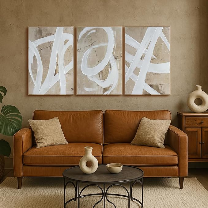 Zessonic Neutral Abstract Wall Art Minimalist White Brown Pastel Paint Strokes Shapes Textured Framed Wall Decor Large Canvas Paintings- Living Room Bedroom Office Modern Neutral 24"x36" 3 piece