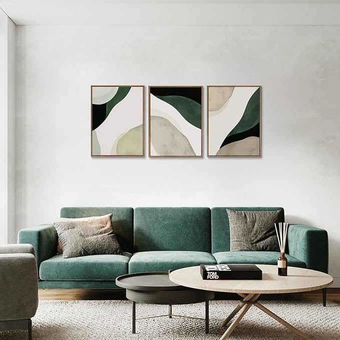 myusuar 3 Piece Large Modern Abstract Canvas Framed Wall Art For Living Room, Green Black White Minimalist Wall Art Decor Posters Prints For Bedroom Office 12x16in