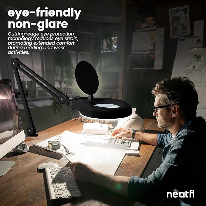 Neatfi LED Magnifying Lamp with Clamp | 12W | 60 SMD LEDs | 1,200 Lumens | Adjustable Step Dimming | 2.25x Magnification Desk Lamp Magnifier for Crafts, Painting, and Hobbies (Black, 5-Diopter)