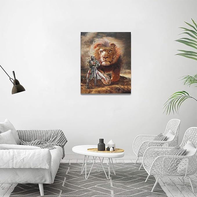 yerretin Christian Lion Of Judah Wall Art Lion Warrior Pictures Wall Decor Religious Knight Canvas Painting Home Decorations Artwork for Bathroom Bedroom Living Room Office Framed 16"x20"