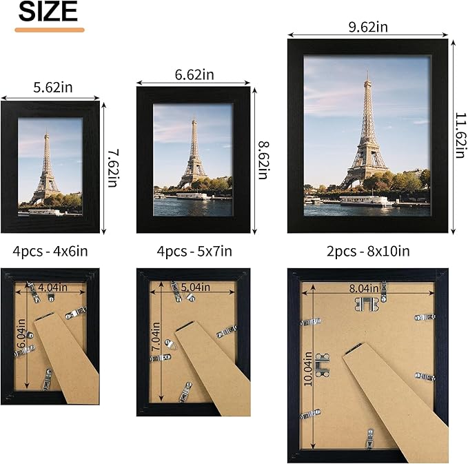 iRahmen Collage Picture Frames Set of 10, Wall Decor for Mounting or Tabletop Display, Family Photo Gallery Frame Set - Multi Sizes Including Two 8x10, Four 5x7, Four 4x6, HD Glass, Rustic Wood