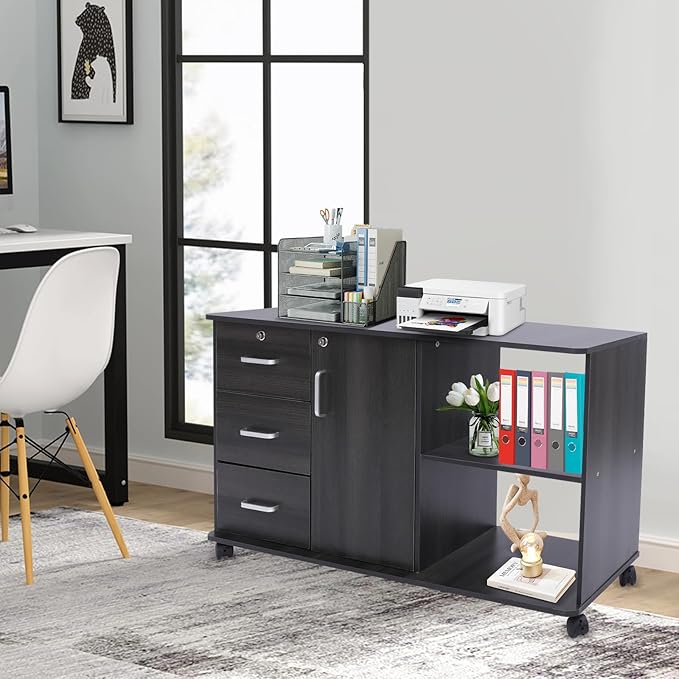 3 Drawer File Cabinet on Wheels, Rolling Printer Stand with Open Storage Shelf, Mobile Lateral Office Storage for Home School Office (Black)