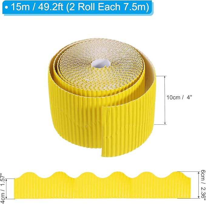 PATIKIL 3.9inch x 49.2ft Bulletin Board Border, Scalloped Trim Paper Corrugated Paper for Locker Classroom Decor Black White Cork Poster Boards, Yellow