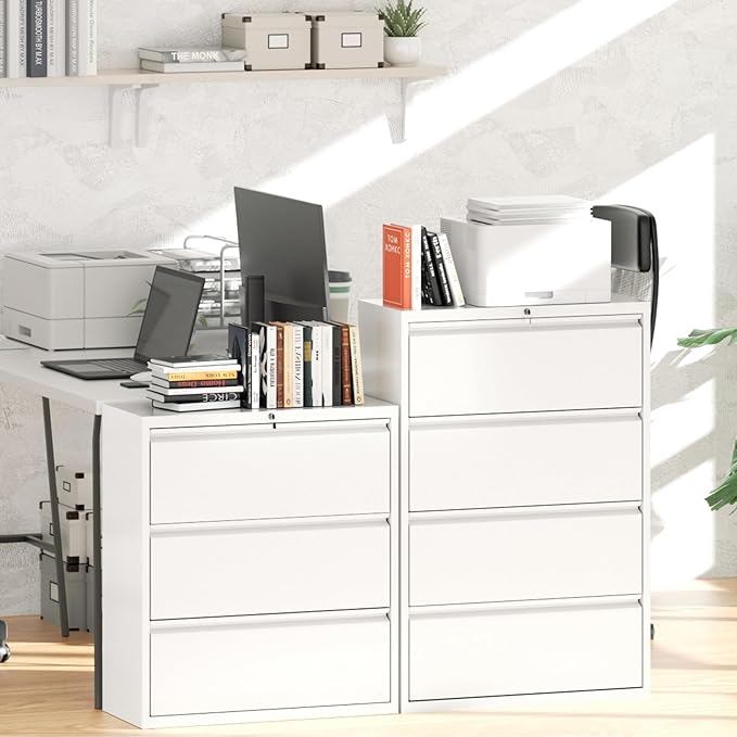 Greenvelly 4 Drawer File Cabinet, Lateral Filing Cabinet for Home Office, White Metal File Cabinet with Lock, Lockable Lateral File Cabinet with Hanging Files&Key for Letter/Legal/F4/A4 (36" W)