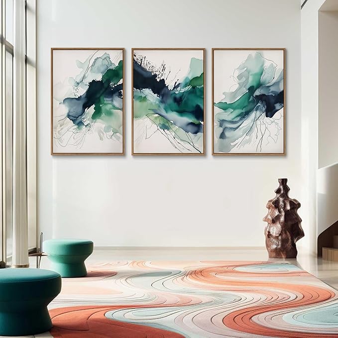 myusuar 3 Piece Large Abstract Framed Wall Art For Living Room, Smoke Texture Ink Emerald Green Canvas Wall Art Modern Minimalist Art Prints Wall Décor For Bedroom Office 24x36in