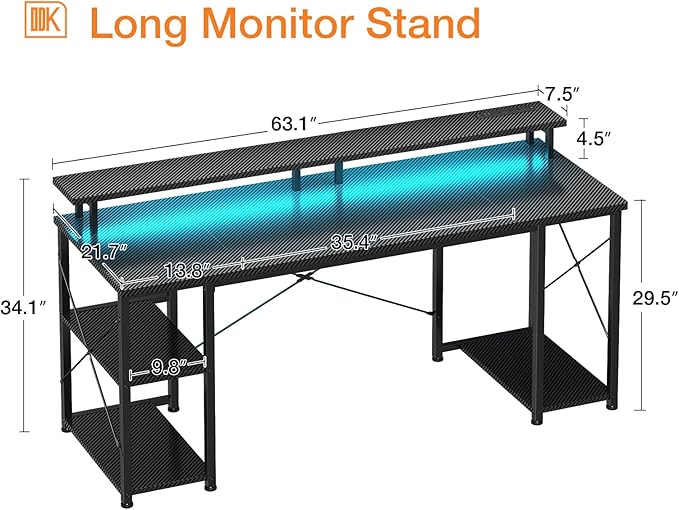 ODK 63 inch Computer Desk with Power Outlets & LED Lights, Gaming Desk with Monitor Stand & Storage Sheves, Home Office Desk, Carbon Fiber Black