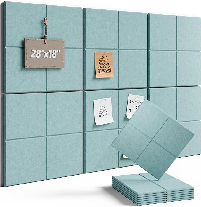 Fluxynara Felt Bulletin Board Tiles -28"x18" Cork Board Alternative for Office Decor, Push Pin Board Wall Organizer 6-Pack - Seafoam Blue