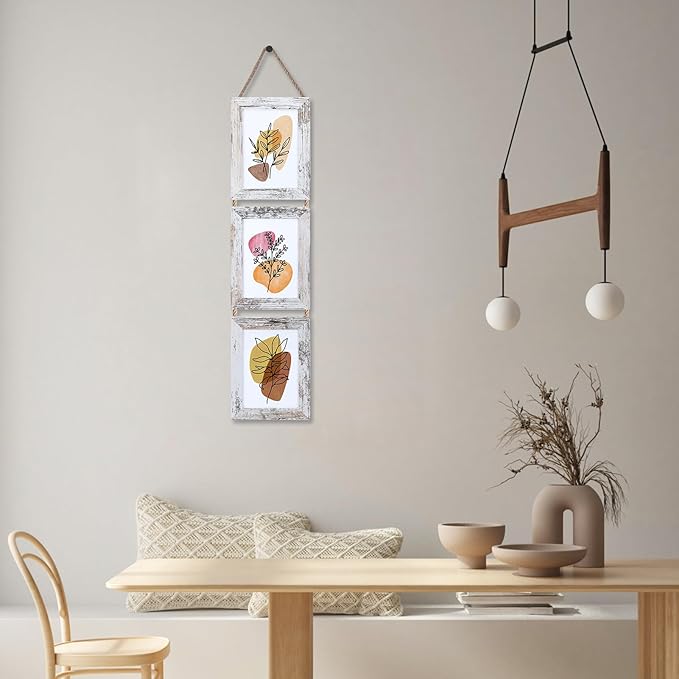 Lavezee 5x7 Collage Hanging Triple Picture Frames Set, 6 Opening Distressed White Vertical Frame Made to Display 5 by 7 Inch Photo Prints for Wall Decor