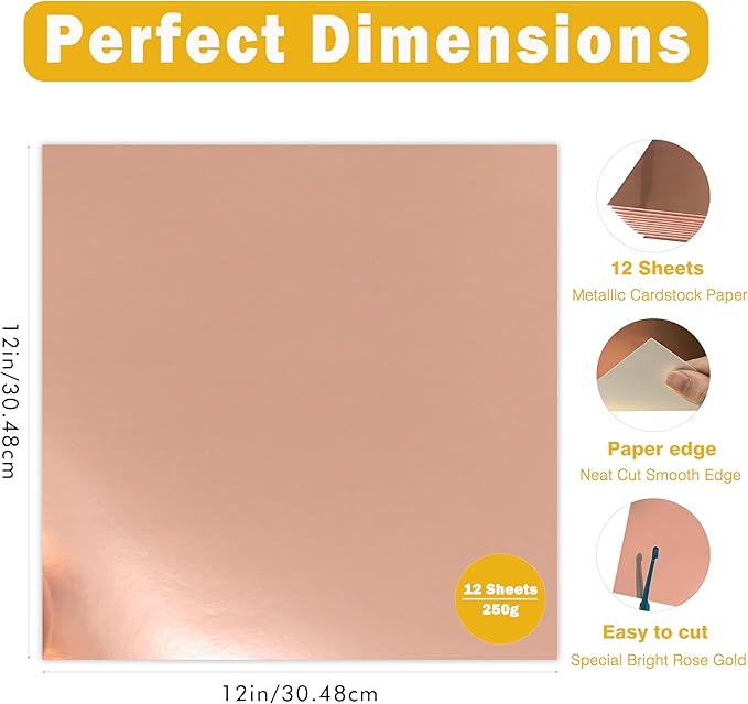 Rose Gold Cardstock Paper 12x12 Inch, 12 Sheets Heavy Weight 92lb/250GSM Premium Shimmer Metallic Foil for Wedding Invitations, Scrapbooking, Card Making, Graduations, Parties ﻿