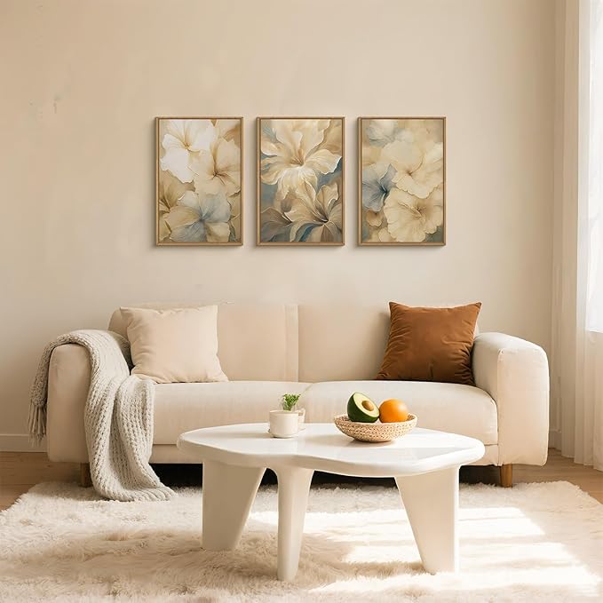 KAIRNE Abstract Floral Framed Canvas Wall Art Set of 3, Modern Neutral Flower Prints, Boho Botanical Artwork for Living Room Bedroom Office, 16×24inch