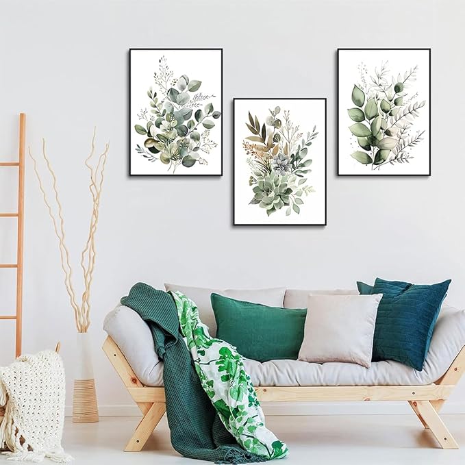 Bwodke Botanical Wall Art Plant Floral Watercolor Canvas Prints Set of 3 Framed Sage Green Painting Eucalyptus Leaf Picture Modern Minimalist Boho Decor Bedroom Bathroom Living Room 16"x24"