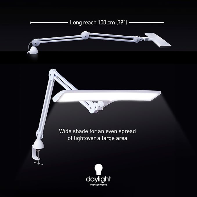 Daylight Company Lumi Task Lamp,+95 CRI, 4000 Lux,Craft Light, Super Bright Desk Lamp, Touch Dimmable, 2 Brightness Levels, Ideal Table Light, Drawing Lamps - Metal - 15 W
