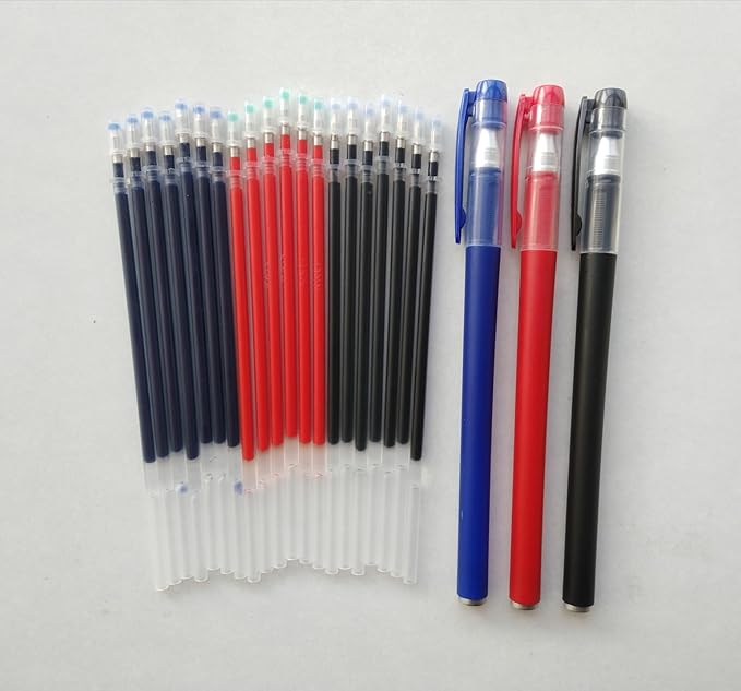 Gel Ink Rollerball Pens Refills,20 Pcs Gel Pen Refills with 3 Gel Roller Pens 0.5mm,7 Black Ink,7 Blue Ink and 6 Red Ink(3 pens 20 Refills)