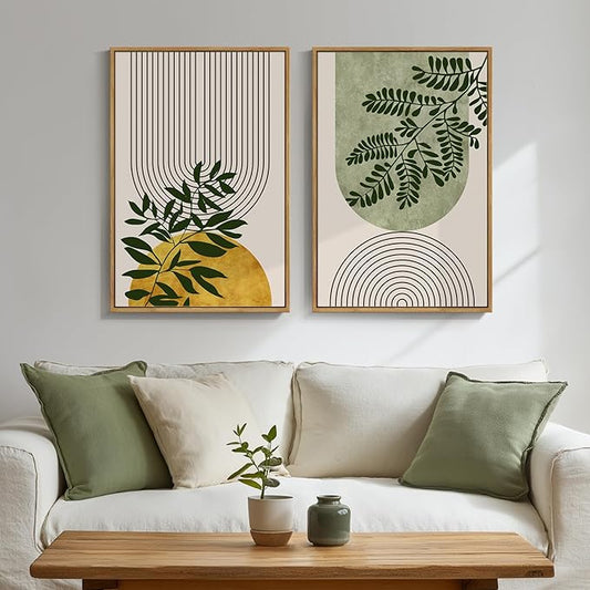 Framed Green Boho Wall Art Set of 2 for Living Room Decor, Bohemian Botanical Geometric Pictures Artwork for Walls, Modern Neutral Canvas Painting Print Wall Decor for Bedroom Home Office, 16x24 Inch
