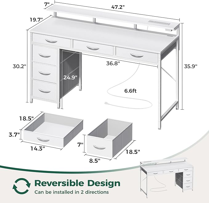 Huuger Gaming Desk with 6 Drawers, Computer Desk with LED Lights Power Outlets and Type-C, 47 Inch Office Table with Storage, Monitor Stand, Writing & Work Home Office, Bedroom, Study, White