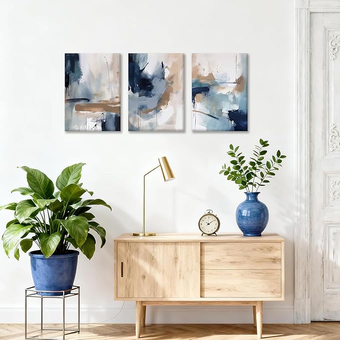 KBKBART 3 Piece Blue Abstract Framed Wall Art For Living Room, Watercolor Ink Navy Blue Canvas Wall Art Modern Minimalist Art Prints Wall Décor For Bedroom Office 12x16in