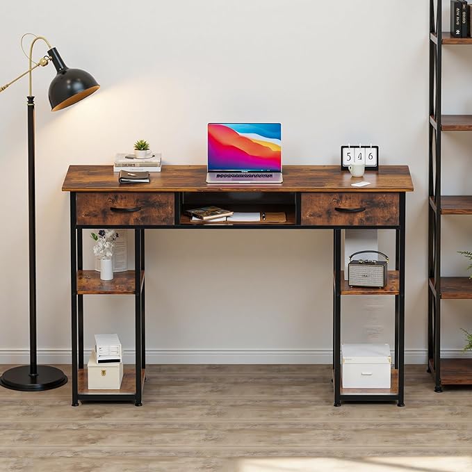 OLIXIS Desk with Storage Fabric Drawers 48 Inch, Home Office Computer Desk for Small Space Bedroom,Modern Study Work Gaming Writing Table PC Desks,Chic Brown
