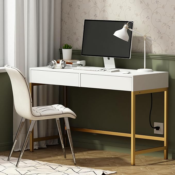 Treocho Computer Desk with USB Charging Ports and Power Outlets, Modern Simple 47 inch Vanity Desk with 2 Drawers, Makeup Table for Home Office, Bedroom, White and Gold