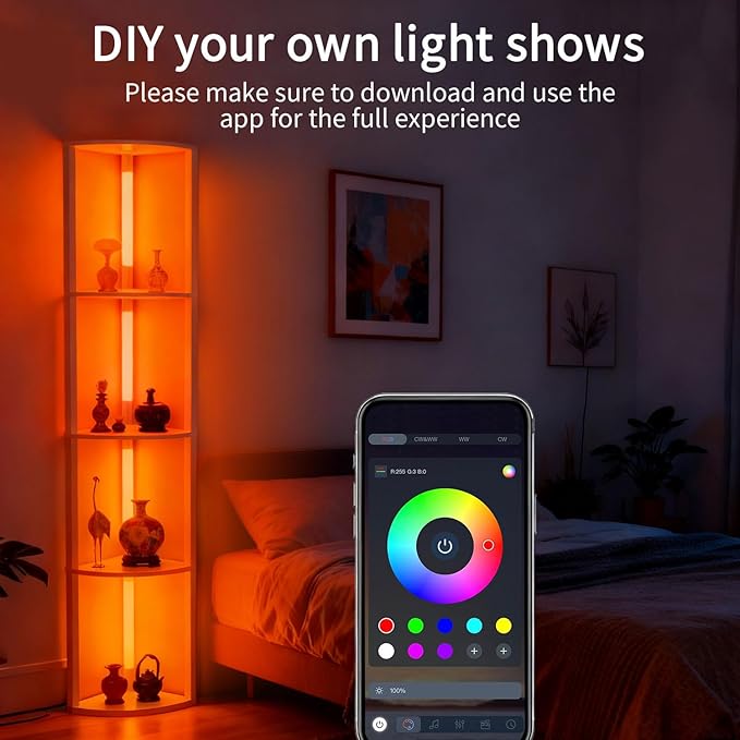 RGBCW Floor Lamp with Shelves, Smart Modern Floor Lamp with Music Sync, Color Changing Corner Display Shelf Lamp, Dimmable Standing Lamp for Living Room and Bedroom, Office, White