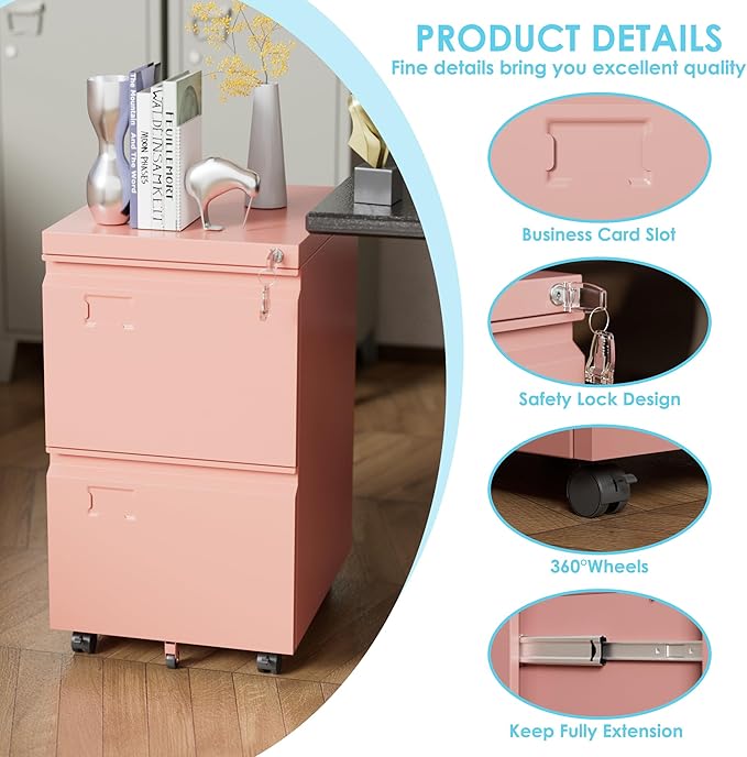Aobabo 2 Drawer Filing Cabinet with Wheels, Lockable Metal File Cabinet with Business Card Slot for Legal/Letter Size Home Office, Required Assembled,Pink