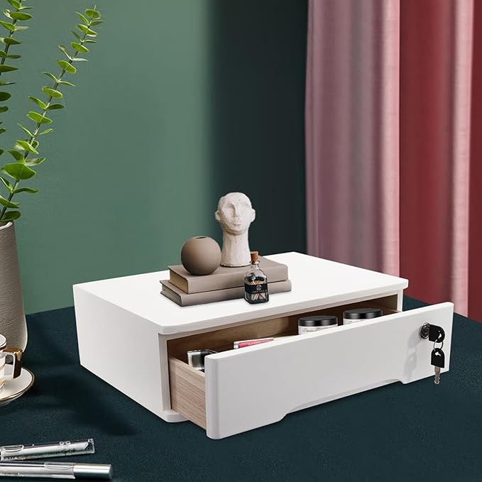 Wooden Desktop Storage Box with Lockable Drawers Office Supplies Drawer Organizer Receipt File Organizer Flat File Cabinet for Office Study Desk Front Desk (White, 1 Drawer)