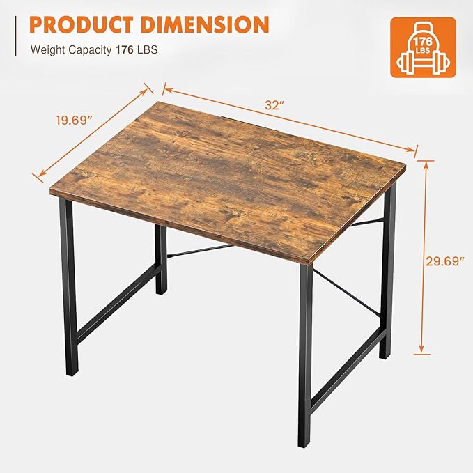 Sweetcrispy Small Computer Office Desk 32 Inch Student Study Writing Work with Metal Frame Wood Tabletop Modern Simple Home Bedroom PC Table - Rustic, 2 Pack