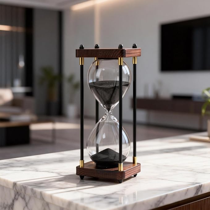 Large Hour Glass Sand Timer - 60 Minute Vintage Sand Clock with Wooden Frame, Hourglass Timer Decor for Office Desk, Kitchen & Mindfulness (Black)
