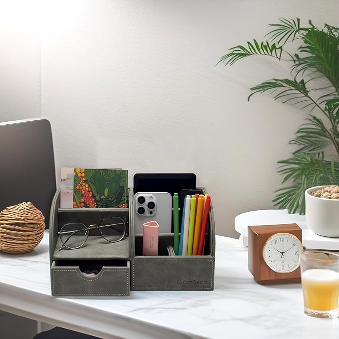 UnionBasic Desk Organizer - Multifunctional Leather Desktop Pen Holder Storage Box - Business Card/Pen/Pencil/Mobile Phone/Stationery Holder