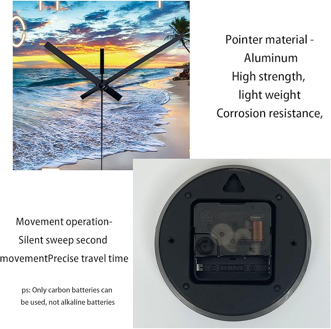 Glass Beach Wall Clocks Battery Operated 16 Inches or Larger Analog Wall Clock Silent Non Ticking Blue Wall Clock for Living Room