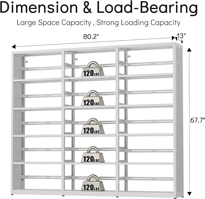 Metal 5 Tire Bookshelf, Heavy Duty Library Bookcase, Open Shelf Bookcases with Storage, 80 Inch Wide Large Book Cases for Office, School, Clinic, Commerce, Reading Room, White - Assemble Required