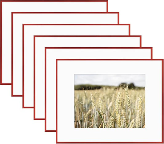 Golden State Art 16x20 Picture Frame 6 Pack - Dark Red Aluminum Photo Frames With 11x14 Mats and Real Glass Cover - Elegant Minimalist Wall Gallery Frames for Home or Office Decor