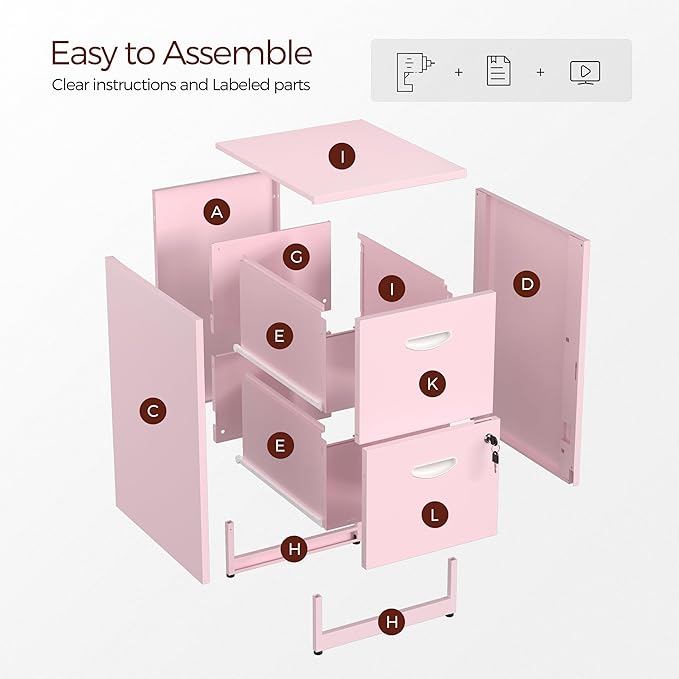 2 Drawer File Cabinet with Lock,Pink Metal Filing Cabinets,Vertical Locking File Cabinet Fit Hanging Files, Letter,File Box and A4 Documents(Pink)