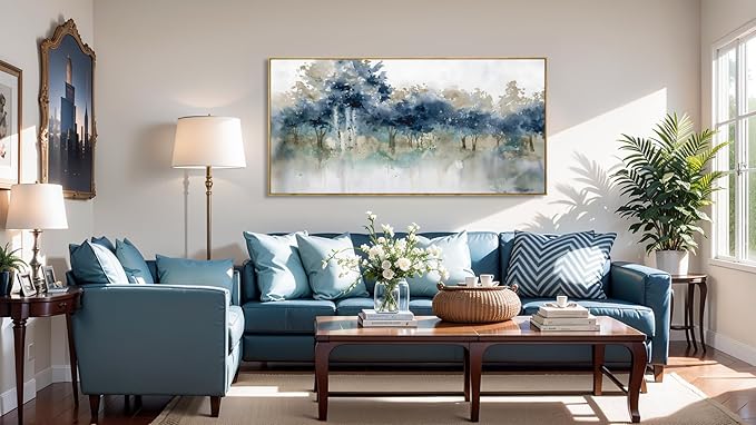 Wall Art Landscape Modern Wall Decor Canvas Painting Blue Ink Wall Art Large Artwork for Living Room Bedroom Office Home Decor 20"x40" with Framed