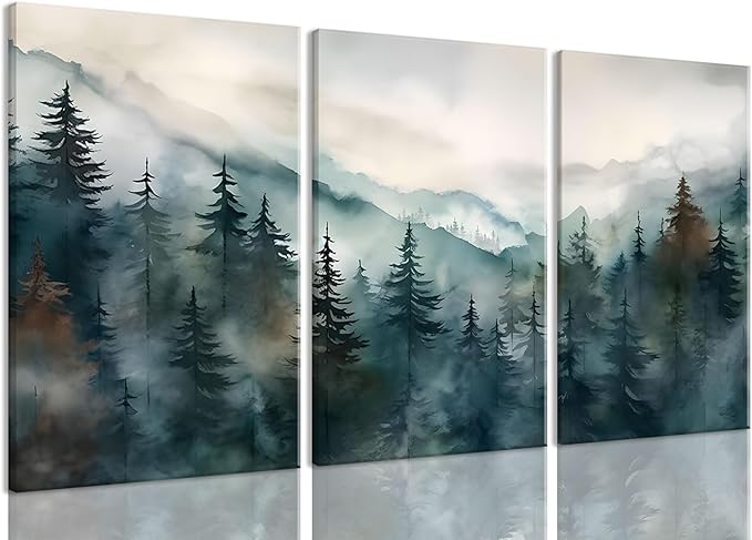 Bwodke Canvas Wall Art Mountain Framed Wall Art Set of 3 Boho Nature Landscape Picture Decor Pine Forest Prints Artwork Painting for Living Room Bedroom Office 12"x16"