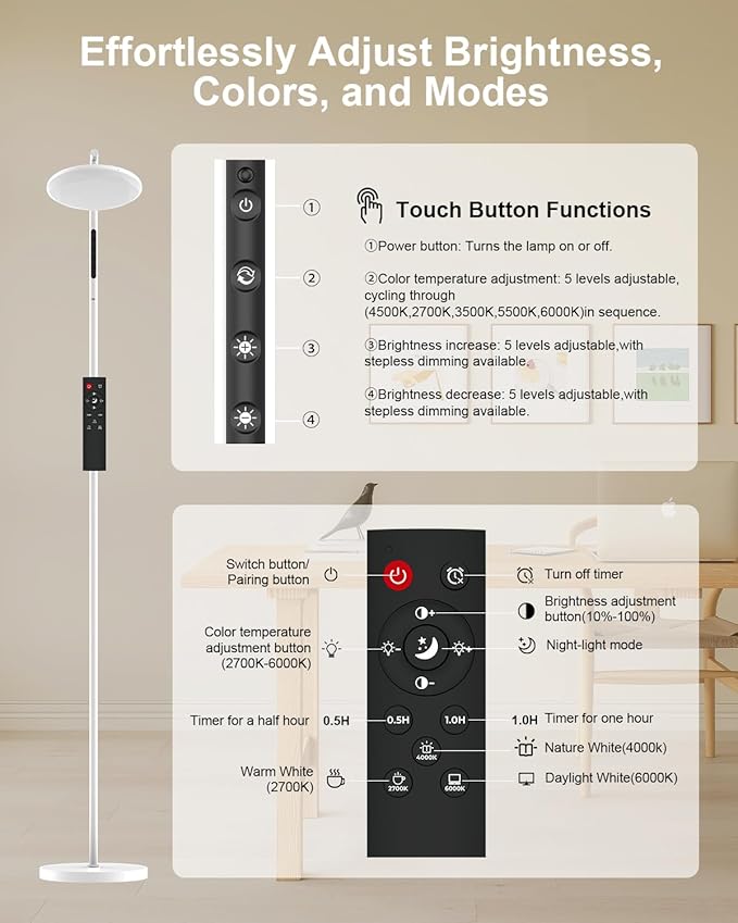LED Floor Lamp, 36W Super Bright Standing Lamp with Remote & Touch Control, 69" Stepless Dimmable Torchiere Tall Lamp, 350° Rotating Head Floor Lamp for Bedroom, Living Room, Office, White