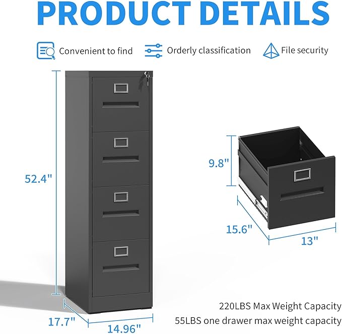 4 Drawer File Cabinet with Lock, Metal Vertical Filing Cabinet for Home Office, Office Furniture for Organization Hanging Files for A4/ Legal/Letter, Heavy Duty Storage Cabinet,Require Assembly-Black
