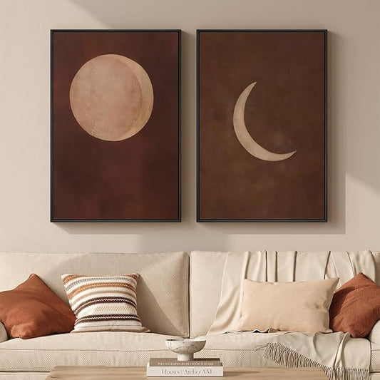 Framed Boho Moon Phase Wall Art Set of 2 for Living Room, Neutral Brown Abstract Minimalist Canvas Artwork for Walls, Bohemian Lunar Celestial Painting Print for Bedroom Hallway Wall Decor, 16x24 Inch