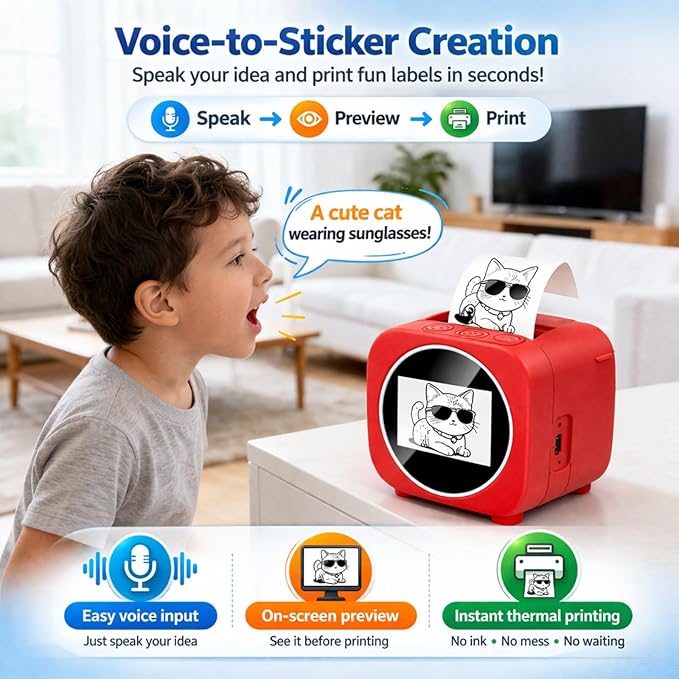 AI Voice Sticker Printer with Display Screen, Portable Inkless Thermal Label Maker, Mini Rechargeable Sticker Maker for Journaling, DIY Crafts, Labels, Home School Office (Red)