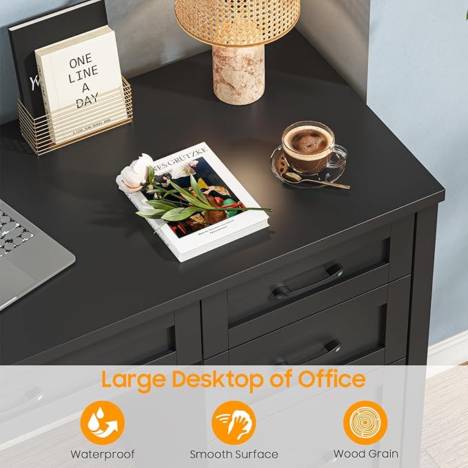 Vabches Farmhouse 61'' Executive Desk with 5 Drawers, Rustic Office Desk Computer Desk with File Drawers and Storage Cabinet, Wood Workstation for Home Office and Study(Black)