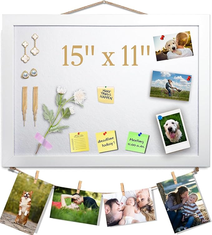 15"x11" White Bulletin Board Cork Board with Felt, 15"x11" Small Display Pin Board Vision Board for Walls, Jewelry, Notes, Collection, Photos, Office, Wood Framed(White) & Felt(White), 1pc