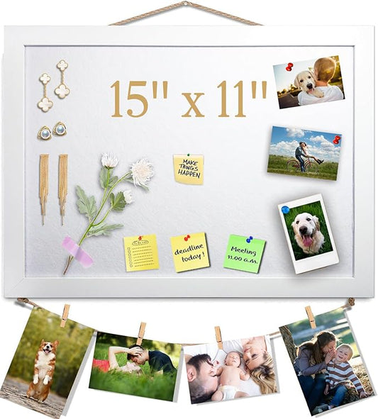 15"x11" White Bulletin Board Cork Board with Felt, 15"x11" Small Display Pin Board Vision Board for Walls, Jewelry, Notes, Collection, Photos, Office, Wood Framed(White) & Felt(White), 1pc