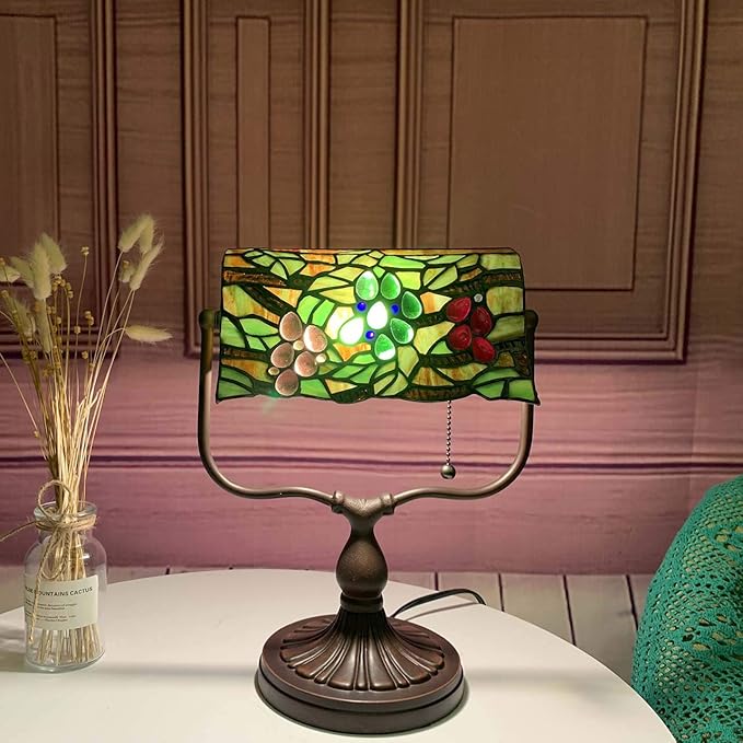 Bieye L10764 Grape Tiffany Style Stained Glass Banker Desk Lamp for Reading Working, 14-inches Tall