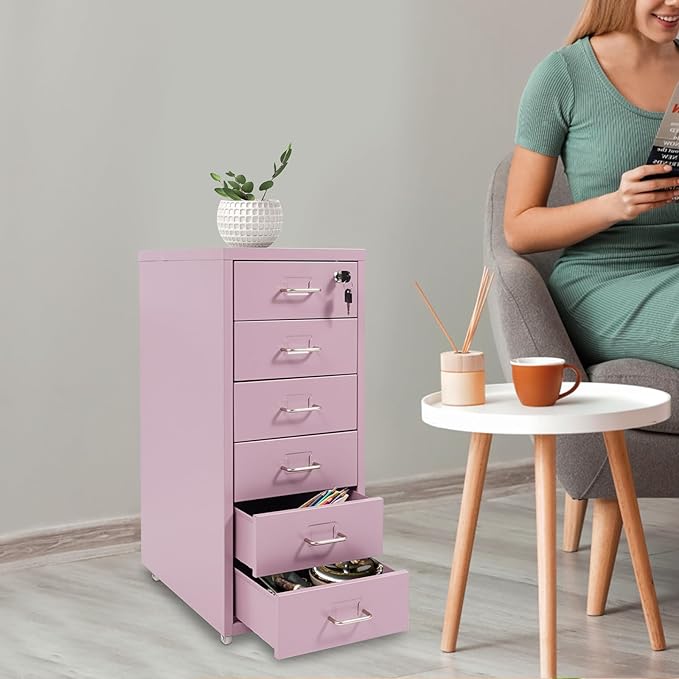 6 Drawer File Cabinet with Lock, Vertical Metal Filing Storage Cabinets with Wheels & Key, Rolling Office Cabinet with Drawers Mobile Storage Filing Drawer for Home Office