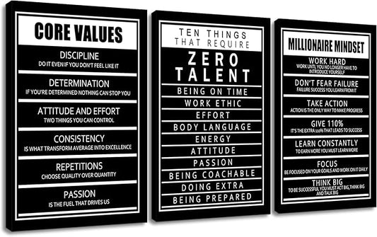 3 Pieces Inspirational Quotes Motivational Canvas Wall Art Picture Painting Ten Things That Require Zero Talent and Core Values Poster Print for Living Room Office Artwork Ready to Hang [72''Wx36''H]